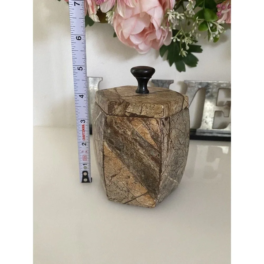 Hexagonal Stone Canister Lidded Container Trinket Box Port To Port Vintage Brown